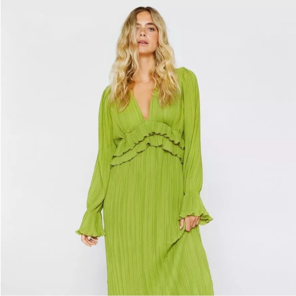 Nasty Gal Green Pleated Chiffon Ruffle Dress - US4